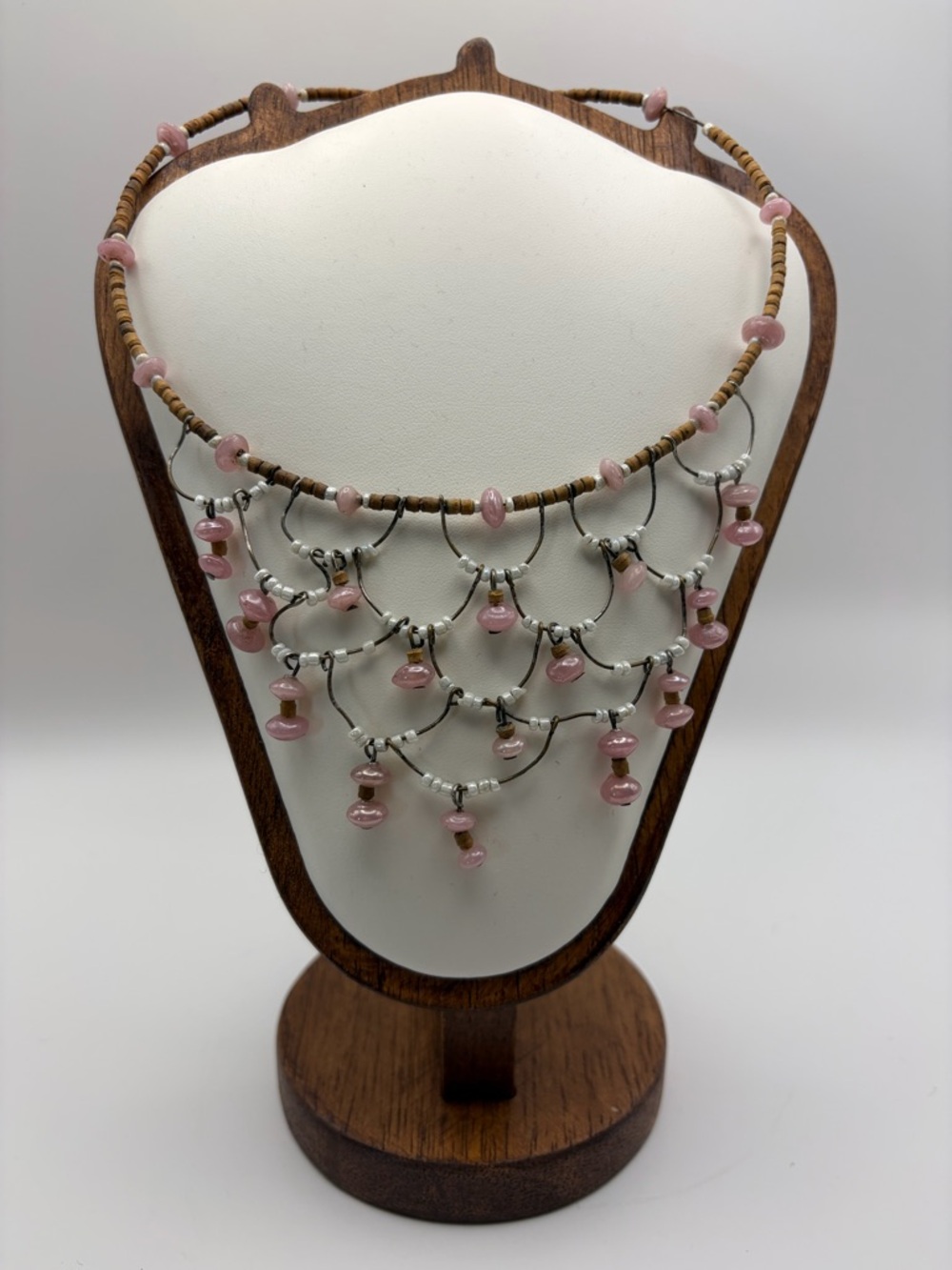 Handmade Women’s Pink Beaded Fringe Choker Pink and White Boho Fairycore Artisan